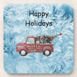 青い雪の上の赤いヴィンテージトラック コースター