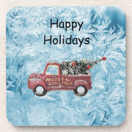 青い雪の上の赤いヴィンテージトラック コースター (正面)
