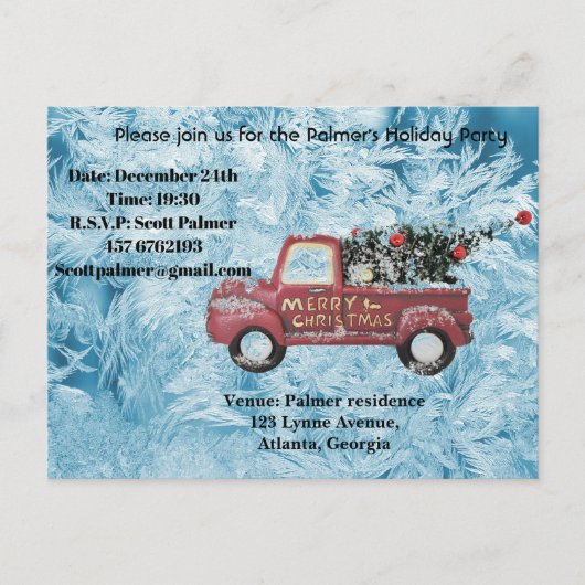 青い雪の上の赤いヴィンテージトラック シーズンポストカード (正面)