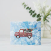 青い雪の上の赤いヴィンテージトラック シーズンポストカード (スタンド正面)