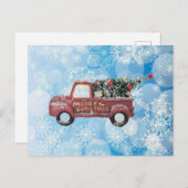 青い雪の上の赤いヴィンテージトラック シーズンポストカード (正面/裏面)