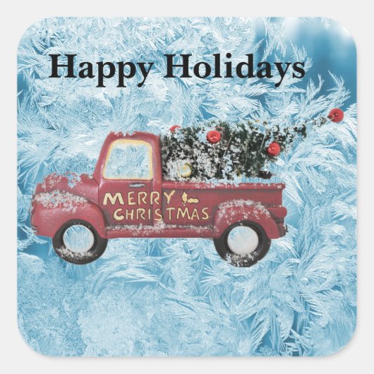 青い雪の上の赤いヴィンテージトラック スクエアシール (正面)