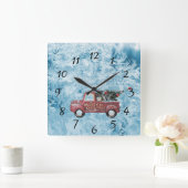 青い雪の上の赤いヴィンテージトラック スクエア壁時計 (ホーム)