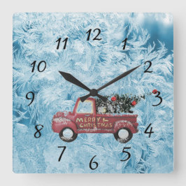 青い雪の上の赤いヴィンテージトラック スクエア壁時計