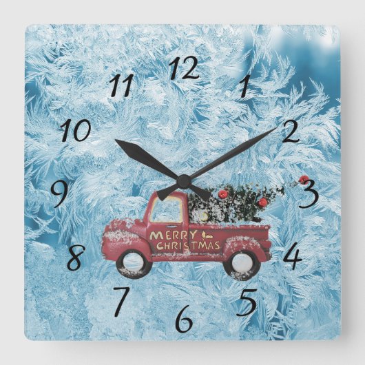 青い雪の上の赤いヴィンテージトラック スクエア壁時計 (正面)