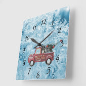 青い雪の上の赤いヴィンテージトラック スクエア壁時計 (傾斜)