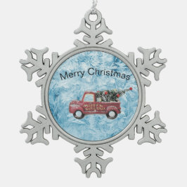 青い雪の上の赤いヴィンテージトラック スノーフレークピューターオーナメント