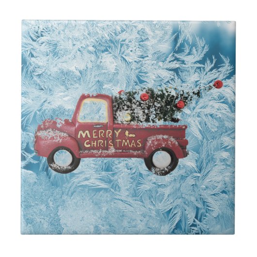 青い雪の上の赤いヴィンテージトラック タイル (正面)