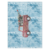 青い雪の上の赤いヴィンテージトラック テーブルクロス (正面)