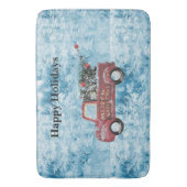 青い雪の上の赤いヴィンテージトラック バスマット (正面縦)