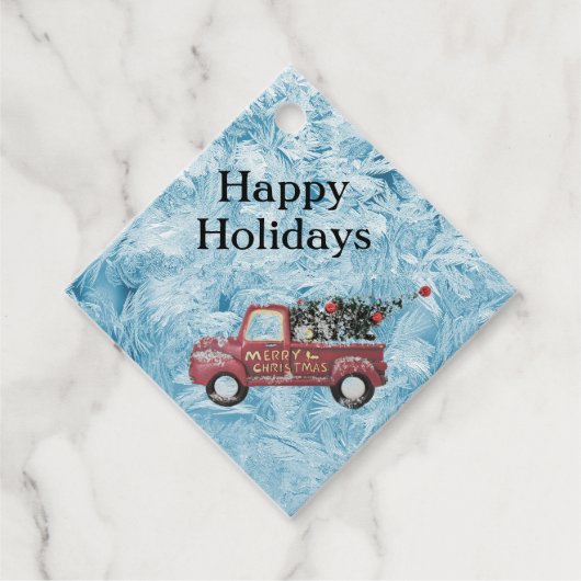 青い雪の上の赤いヴィンテージトラック フェイバータグ (正面)