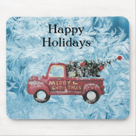 青い雪の上の赤いヴィンテージトラック マウスパッド