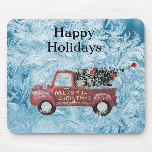 青い雪の上の赤いヴィンテージトラック マウスパッド (正面)