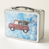 青い雪の上の赤いヴィンテージトラック メタルランチボックス (裏面)