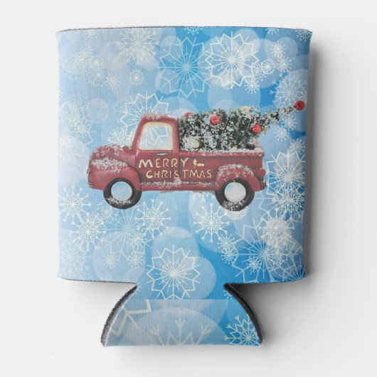 青い雪の上の赤いヴィンテージトラック 缶クーラー (正面)