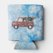 青い雪の上の赤いヴィンテージトラック 缶クーラー (裏面)