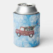 青い雪の上の赤いヴィンテージトラック 缶クーラー (缶裏面)