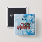 青い雪の上の赤いヴィンテージトラック 缶バッジ (正面&裏面)