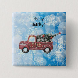 青い雪の上の赤いヴィンテージトラック 缶バッジ