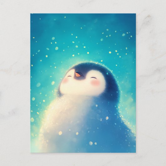青い雪の中の幸せなベビーペンギン ポストカード (正面)