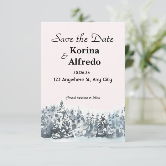 青い雪の水彩冬のSave the Dateカード セーブザデート (スタンド正面)