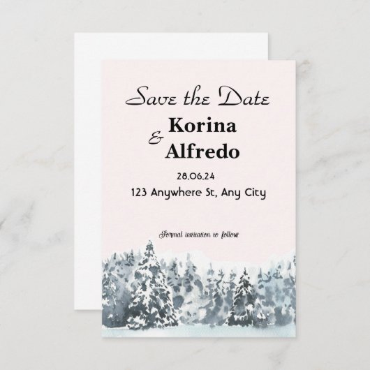 青い雪の水彩冬のSave the Dateカード セーブザデート (正面/裏面)