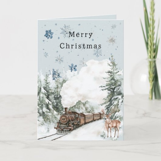青い雪の結晶のクリスマスのシカの汽車 カード (正面)