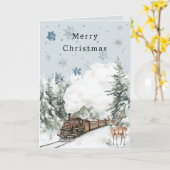 青い雪の結晶のクリスマスのシカの汽車 カード (黄色い花)