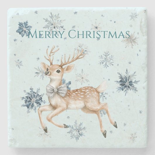 青い雪の結晶のクリスマスのリボンをつけたシカ ストーンコースター (正面)
