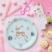 青い雪の結晶のクリスマスのリボンをつけたシカ ペーパープレート (パーティー)
