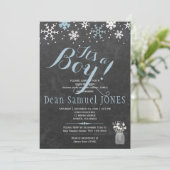 青い雪の結晶のホワイトボード 男の子ベイビーシャワー 招待状 (スタンド正面)