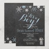 青い雪の結晶のホワイトボード 男の子ベイビーシャワー 招待状 (正面/裏面)