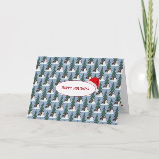 青い雪の結晶の中の雪だるまと鹿 シーズンカード (正面)