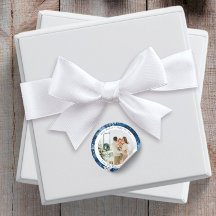 青い雪の結晶の丸いクリスマス写真ステッカー