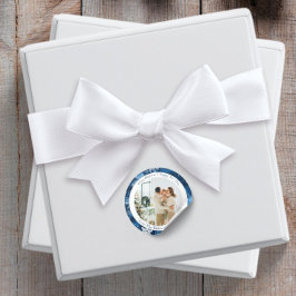 青い雪の結晶の丸いクリスマス写真ステッカー ラウンドシール