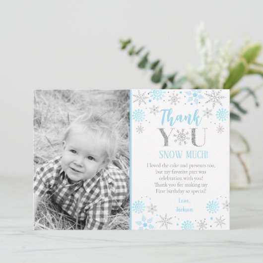 青い雪の結晶の写真 1歳の誕生日お礼カード 招待状 (スタンド正面)