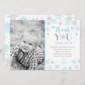 青い雪の結晶の写真 1歳の誕生日お礼カード 招待状 (正面/裏面)
