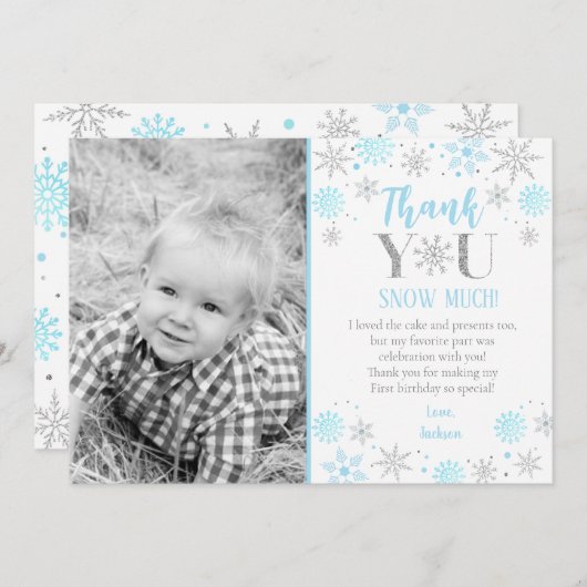 青い雪の結晶の写真 1歳の誕生日お礼カード 招待状 (正面/裏面)