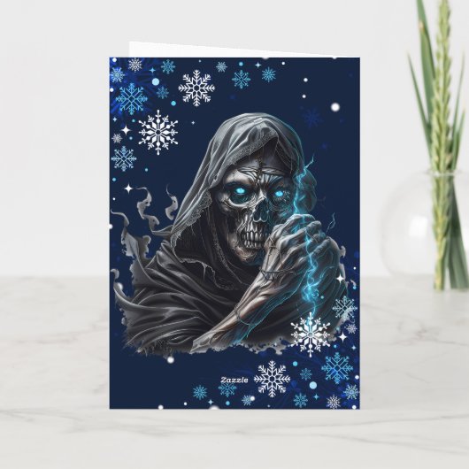 青い雪の結晶の死神ホラーおもしろいクリスマス カード (裏面)