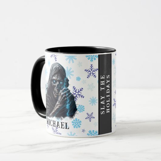青い雪の結晶の死神ホラーおもしろいクリスマス マグカップ (正面左)