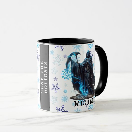 青い雪の結晶の死神ホラーおもしろいクリスマス マグカップ (正面右)