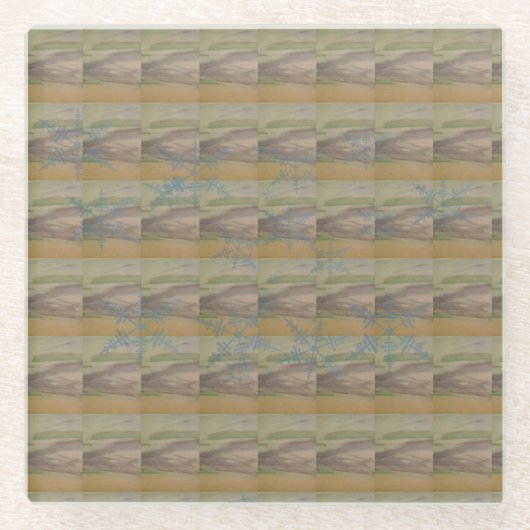 青い雪の結晶の波が海岸に打ち寄せる ガラスコースター (正面)