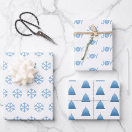 青い雪の結晶、喜びとクリスマスツリーの模様 ラッピングペーパーシート