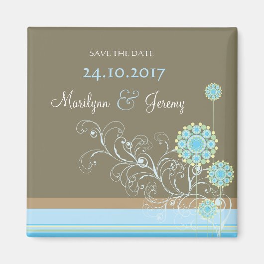 青い雪の花の渦巻きシックな結婚式の日付を保存 マグネット (正面)