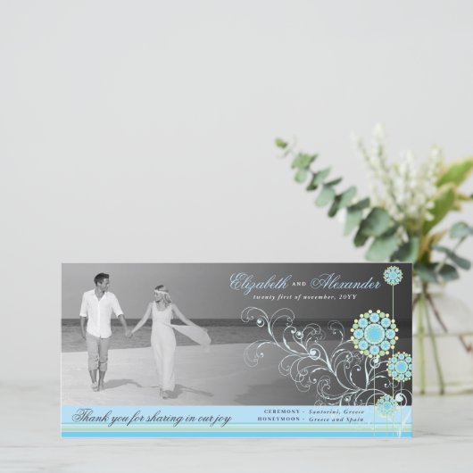 青い雪の花の渦巻き冬の結婚式ありがとう サンキューカード (スタンド正面)