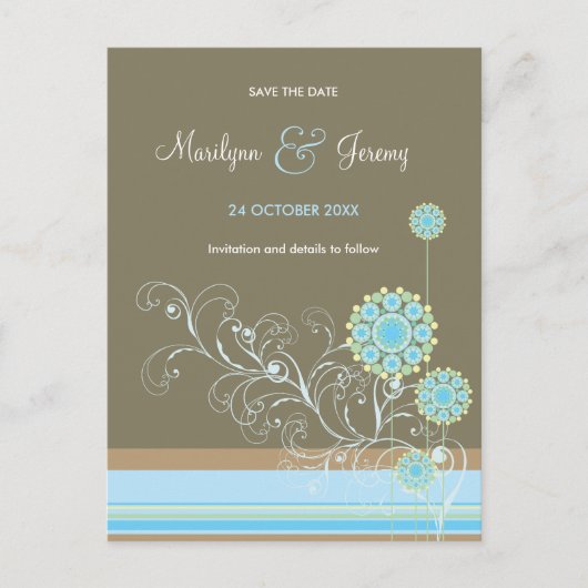 青い雪の花の渦巻き結婚式の日付を保存 案内ポストカード (正面)