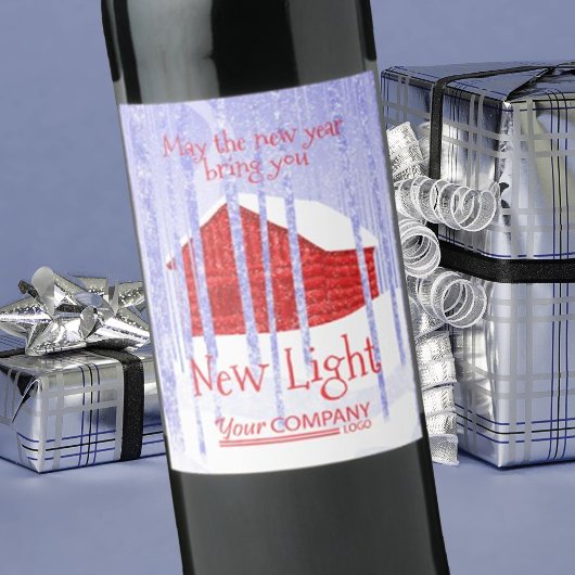 青い雪の赤い小屋のクリスマスワインボトルラベル ワインラベル