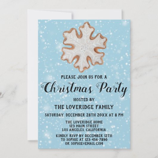 青い雪の雪の結晶 ホリデー クリスマス パーティー 招待状 (正面)