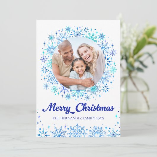 青い雪スタイリッシュ片2フォトファミリークリスマス シーズンカード (スタンド正面)