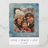 青い雪モダン愛の平和の喜び写真クリスマス 箔シーズンカード (正面)